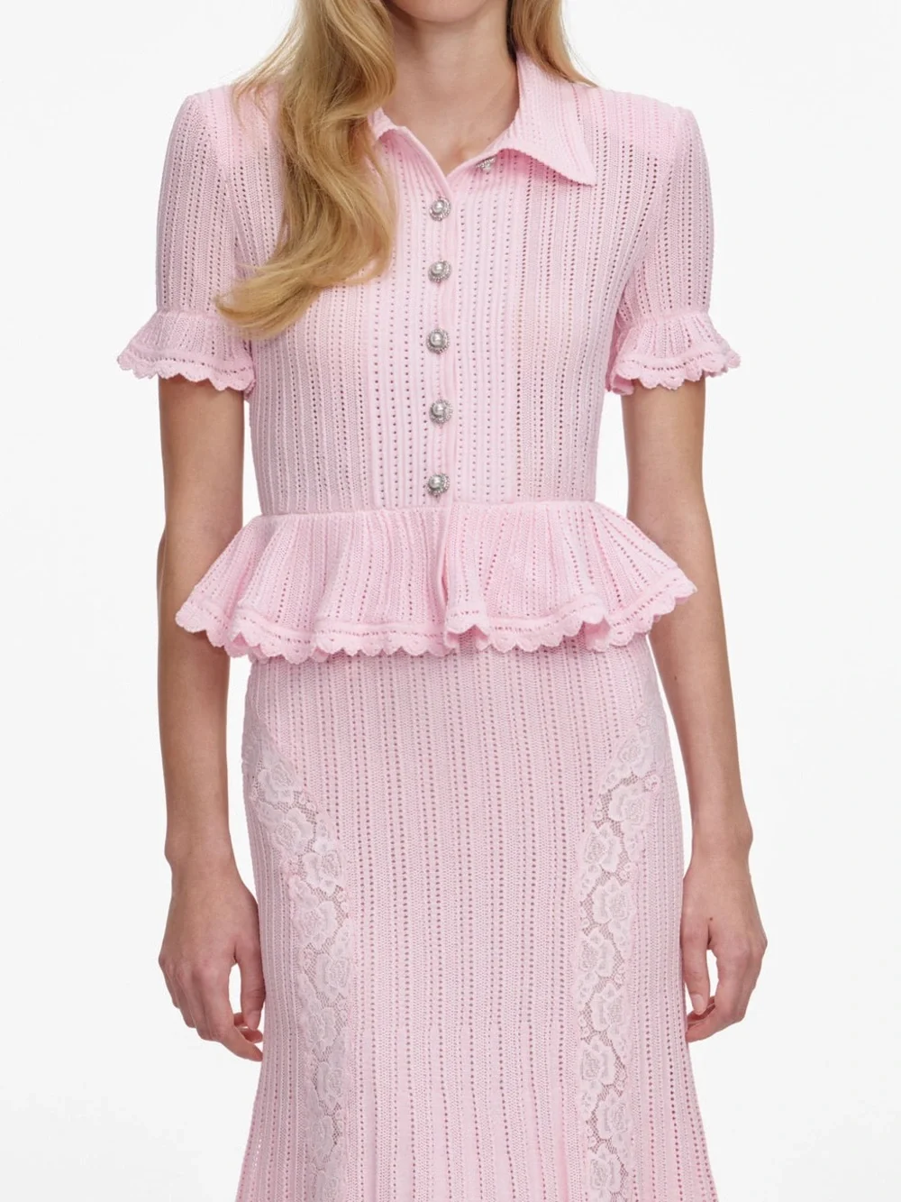 NWOT Self-Portrait PINK POINTELLE PEPLUM KNIT MIDI DRESS - Picture 2 of 11